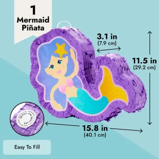 Blue Panda Small Mermaid Pinata for Kids Birthday, Ocean Theme Under the Sea Party Decorations, 15.8 x 11.5 x 3.1 In image {2}