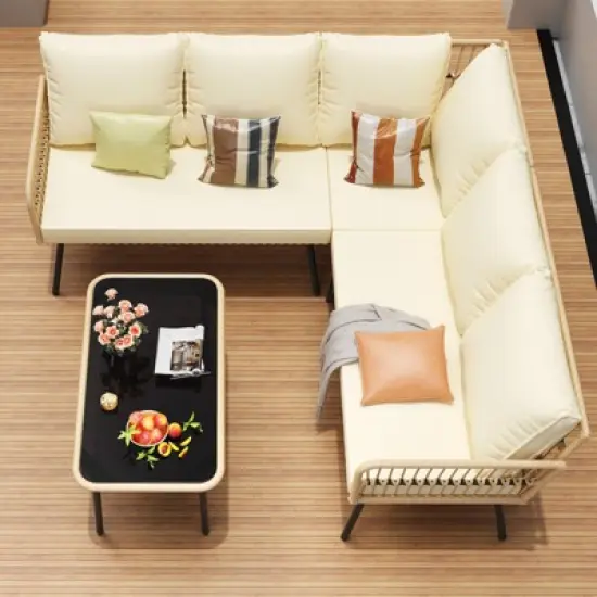 4 Pieces Patio Furniture Sets Wicker Outdoor Sectional L-Shaped with Cushions,Side Table and Chairs Set,Boho Rattan 5 Seater Conversation Sets,Beige image {4}