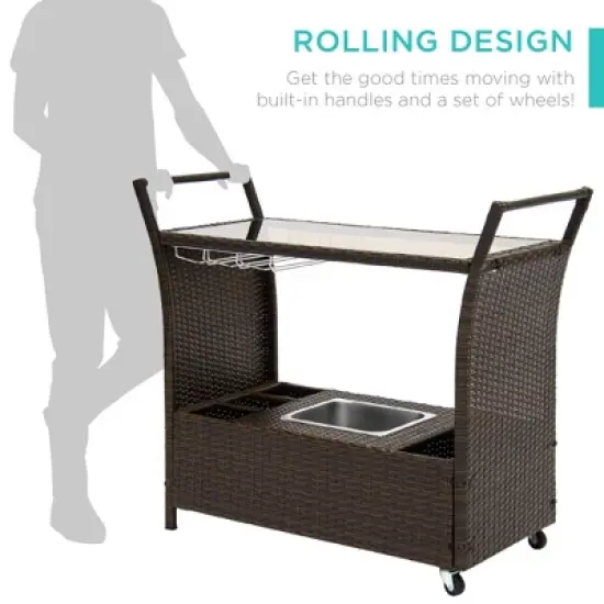 Best Choice Products Wicker Outdoor Rolling Bar Cart w/ Ice Bucket, Glass Countertop, Glass Holders, Storage - Brown image {2}