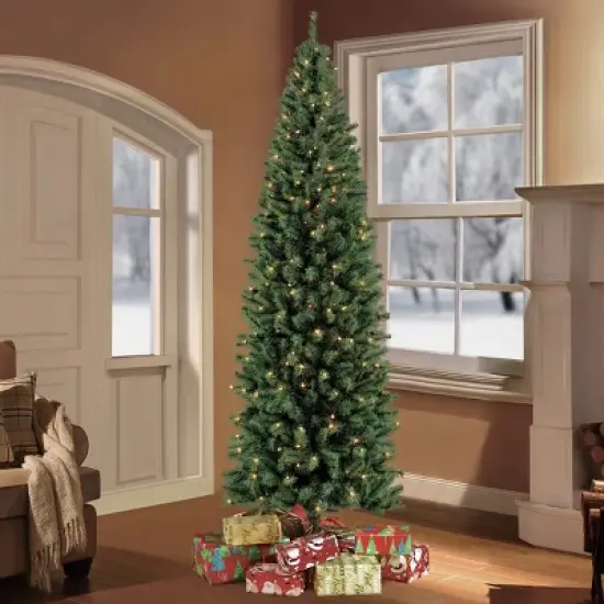 7.5ft Pre-lit Slim Artificial Christmas Tree Newcastle Fir - Puleo: Incandescent Lights, Hypoallergenic image {1}
