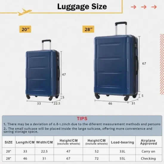 NAYSAYE Luggage 2 Piece Set with Duffel Bag Expandable Spinner Wheels Lightweight TSA Lock for Travel, Blue, 30"*20"*12.8" image {3}