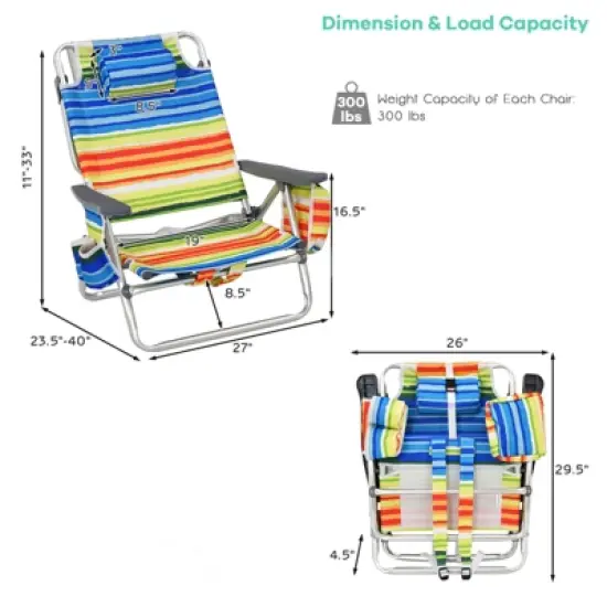 Gymax 2-piece Beach Chair Set 5 Adjustable Position Reclining Chairs Folding Backpack Chairs Cup Holders Storage Bag Towel Bar and Iced Bag Set of 2 image {5}