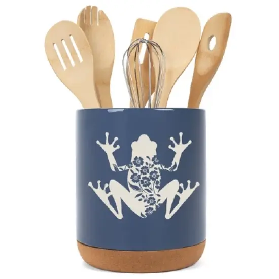 Elanze Designs Floral Frog Flowers Arrangement Toad Ceramic Cork Bottom Navy Blue Large Capacity Utensil Holder Crock for Countertop Storage, Stylish image {4}