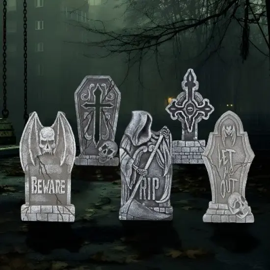 Joyfy 5pcs 17" Halloween Foam Tombstones Decoration, Halloween Graveyard Headstone Prop Cemetery Decoration with 12 Metal Stakes, Outdoor Yard Lawn image {7}