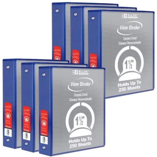 BAZIC Products&reg; 3-Ring View Binder with 2 Pockets, 1.5", Blue, Pack of 6 image {2}