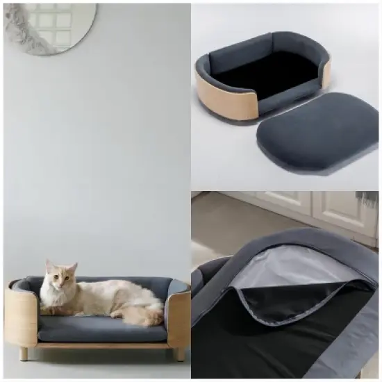 Bulldog Large Size XL Dog Beds With Removable Cover, Velvet Cushion With Solid Wood legs and Bent Wood Back-The Pop Home image {5}