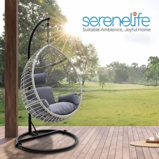 SereneLife Wicker Rattan Swing Chair with Cushion - Gray image {7}