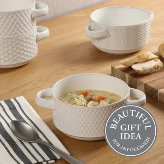 Gibson Elite Oyster Tide Embossed 6 Inch Soup Bowls with Handles. Reactive Glaze Stackable Ceramic Bowl, Set of 4, White image {4}