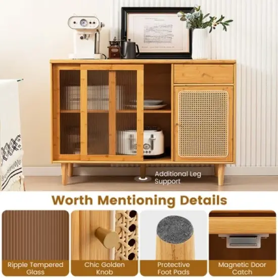 Costway Buffet Sideboard Cabinet Rattan Console Table with Sliding Doors Storage Drawer image {6}