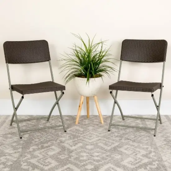 Flash Furniture 2 Pack HERCULES Series Brown Rattan Plastic Folding Chair with Gray Frame image {1}