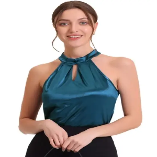 Allegra K Women's Work Mock Halter Neck Pleated Keyhole Sleeveless Satin Tank Tops image {5}