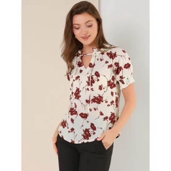 Allegra K Women's Ruffle Tie V Neck Casual Smocked Short Sleeve Floral Top Blouse image {3}