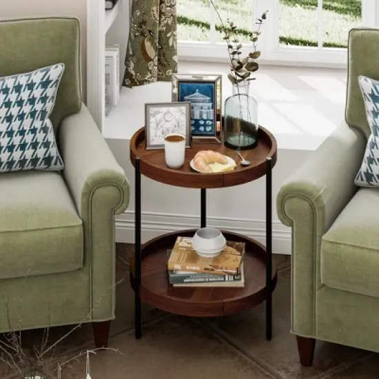 Costway 2-tier Round Side End Table Storage Shelf Rubber Wood Accent Nightstand image {2}