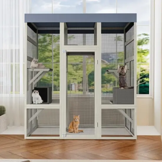 ORRD 62.6" Gray Wooden Outdoor Catio with Waterproof Roof, Secure Pet Enclosure with Houses & Rust-Proof Wire image {6}