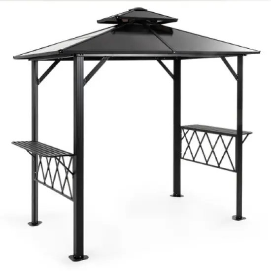 Pamapic 8' x 5' Hardtop BBQ Grill Gazebo Tent Canopy with 2-Tier PC Roof and Side Shelves, Gray image {8}
