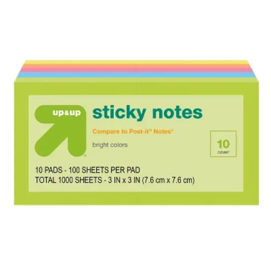 Sticky Notes 10pk 100ct per Pack - up&up&trade;: 3x3 Inch Multicolor, Uncoated Paper, Office Supplies, Glue Binding image {3}
