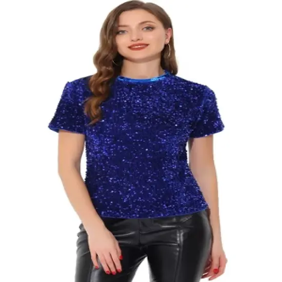 Allegra K Women's Sequin Velvet Crew Neck Short Sleeve T-shirt image {15}