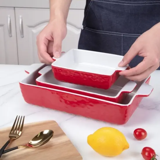 Baking Dish Set of 3, Ceramic Bakeware Set with Handles, Porcelain Baking Pan for Oven & Microwave, Rectangular Casserole Dish for Cooking, Kitchen image {8}