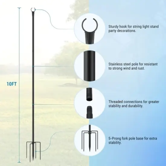 10FT Outdoor String Light Poles (8-Pack) &ndash; Heavy Duty Metal Hanging Poles for Patio, Garden & Backyard image {4}