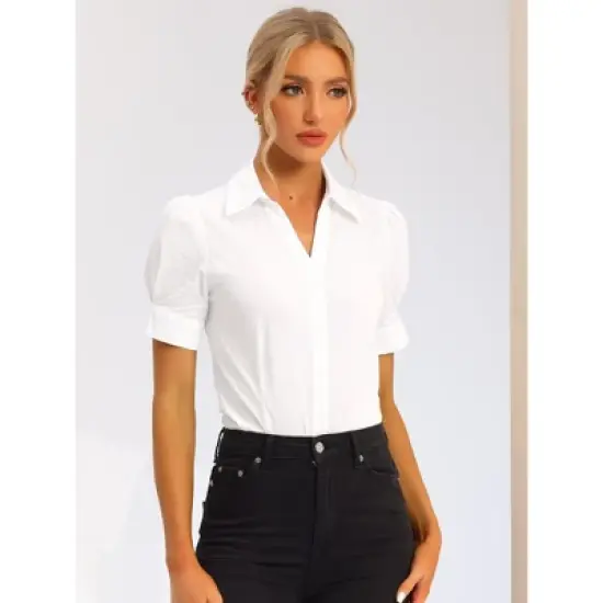 Allegra K Women's Office Button Down One-Piece Short Sleeve Bodysuit Work Shirt image {1}