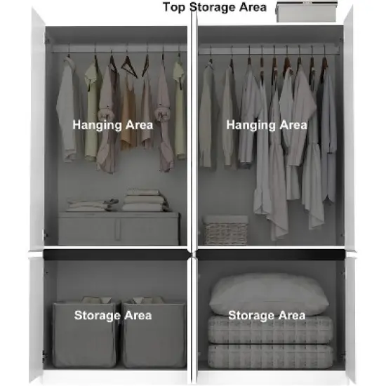 TIRAMISUBEST 74" White 4-Door Wardrobe with Mirror - Freestanding Armoire Closet with 2 Hanging Rods for Bedroom Storage (74.8"H) image {3}