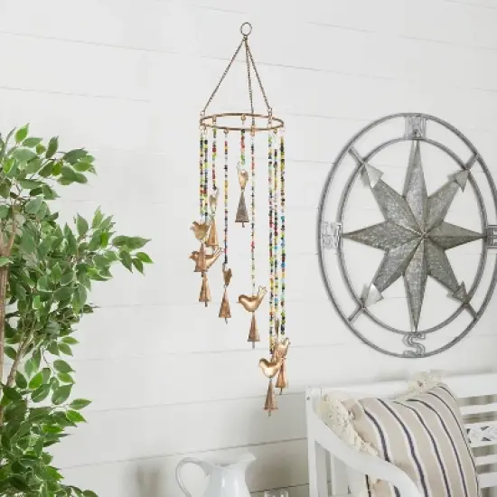 26" x 7" Eclectic Metal Birds Windchime with Beaded Strands Gold - Olivia & May: Indoor Musical Decor image {1}