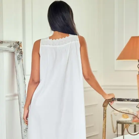 Women's Cotton Victorian Nightgown, Sybil Sleeveless Lace Trimmed Button Up Long Vintage Night Dress Gown image {3}