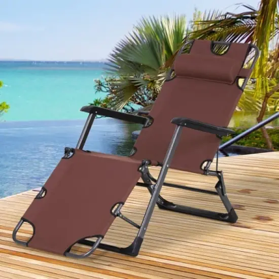 Outsunny 2-in-1 Folding Patio Lounge Chair w/ Pillow, Outdoor Portable Sun Lounger Reclining to 120&deg;/180&deg;, Oxford Fabric image {2}