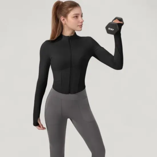 Anna-Kaci Active Women's Long Sleeve Zip-Up Cropped Active Jacket with Thumbhole Cuffs and Slim Fit Design image {6}