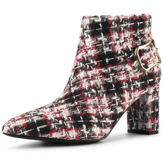 Allegra K Women's Plaid Pointed Toe Chunky Heels Ankle Boots image {7}