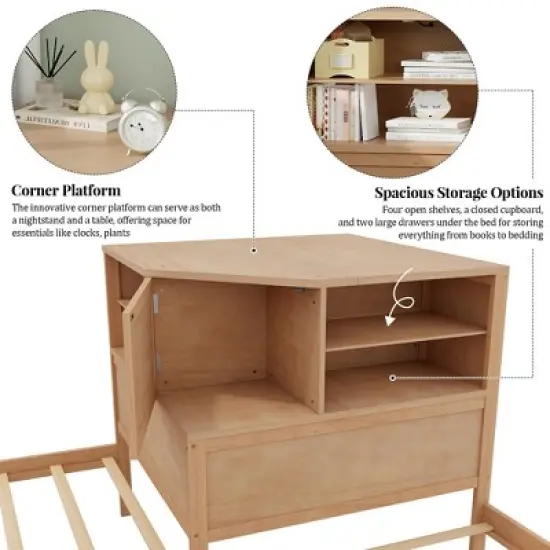 L-Shaped Combination Twin Size Bed Frame with Trundle & Drawer, 3-in-1 Low Corner Platform Bed Linked with Built-in Desk - ModernLuxe image {3}