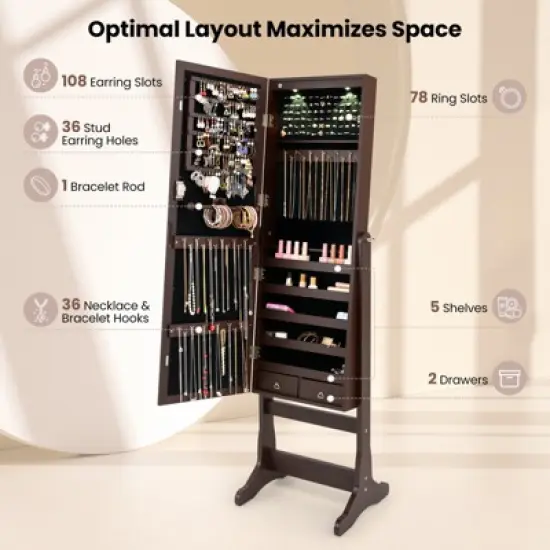 Tangkula Lockable Lighting Mirrored Jewelry Cabinet Dressing Storage Box with LED lights Brown image {5}