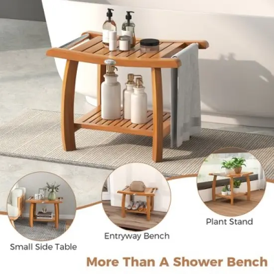 Tangkula Teak Wood Shower Bench 2-Tier Wooden Shower Stool w/ Curved Seat Handles Large image {7}