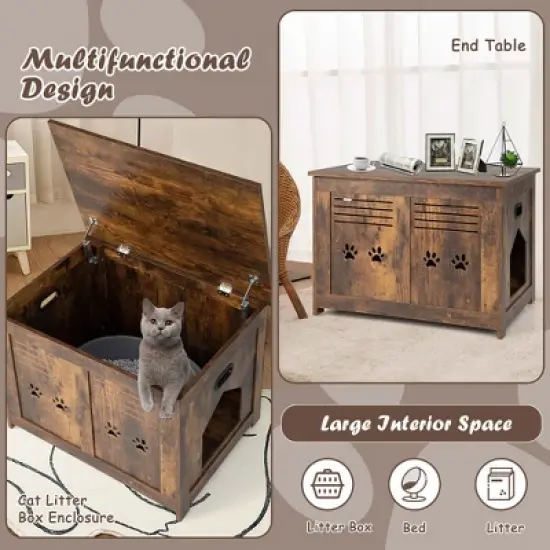Tangkula Wooden Cat Litter Box Enclosure Flip-Top Hidden Washroom Bench w/ Side Entrance image {3}