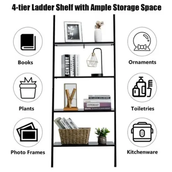 Costway Industrial Ladder Shelf 4-Tier Leaning Wall Bookcase Plant Stand Rustic Black/Brown image {7}