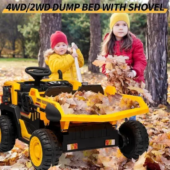 24V Kids Ride On Dump Truck with R/C, 2 Seater Electric Car with Electric Dump Bed & Shovel, Music Player, Soft Start, 19" Spacious Seat, Yellow image {5}