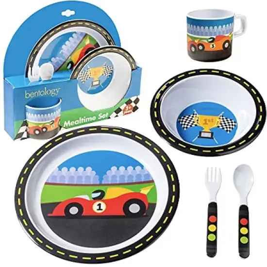 Bentology 5 Pc Mealtime Feeding Set for Kids and Toddlers - Racecar - Includes Plate, Bowl, Cup, Fork and Spoon Utensil Flatware image {1}