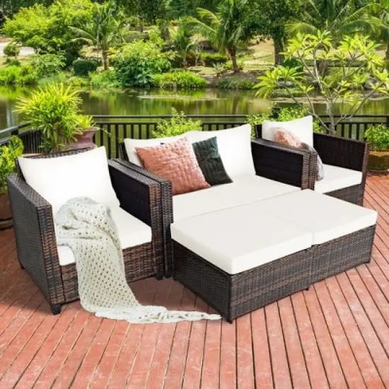 Costway 5PCS Patio Rattan Furniture Set Loveseat Sofa Ottoman Cushioned Red\White image {10}