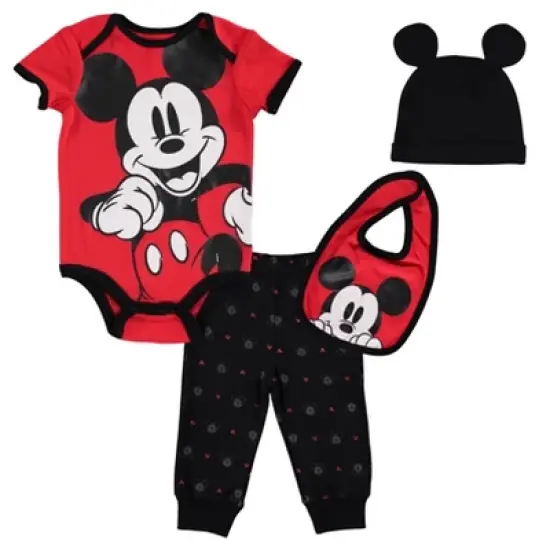 Disney Mickey Mouse Baby Bodysuit Jogger Pants Bib and Hat 4 Piece Outfit Set Newborn to Infant image {14}