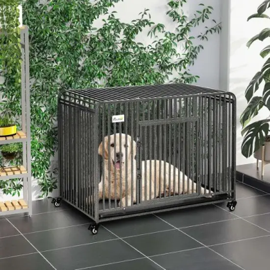 PawHut 43" Heavy Duty Dog Cage, Foldable Steel Crate Kennel with Removable Tray, Double Doors, 4 Lockable Wheels for Medium & Large Dogs, Dark Silver image {2}