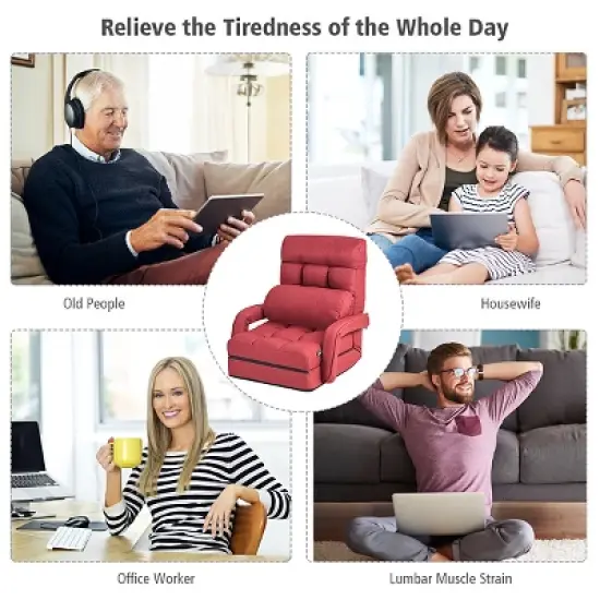 Costway Folding Floor Armchair w/6-position Adjustable Back & Lumbar Pillow Red image {4}