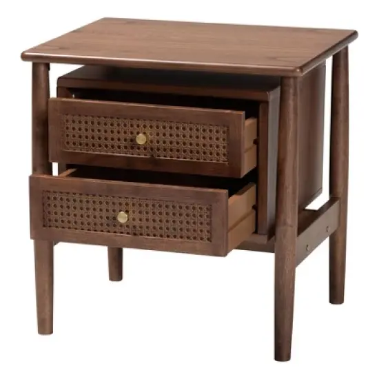 Baxton Studio Alyssa Wood 2 Drawer Nightstand Woven with Rattan Walnut Brown image {9}