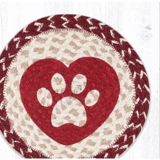 Earth Rugs Heart Paw Round Trivet &ndash; 10"x10" Braided Natural Fiber Hot Pad with Pet Lover Heart and Paw Print Design image {1}