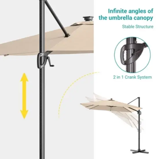 Sonkuki 10x8FT Round Offset Outdoor Patio Solar LED Cantilever Umbrella, 360&deg; Rotation and Canopy Angle Adjustment image {7}