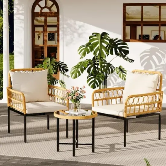 Wicker Patio Bistro Sets Outdoor Conversation Sets with Side Table and Rattan Chairs, Patio Furniture Set for Apartment, Backyard, Porch image {8}