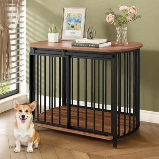 Medium Dog House Dog Crate Wooden Cage Indoor Kennel Furniture Dog Shelter End Table with Double-Doors, Brown/Gray+Black-ModernLuxe image {1}