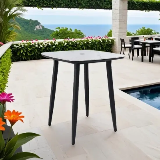 Modern 35'' Outdoor Bar Table, Square Sintered Stone Top with Umbrella Hole, Aluminum Frame Bistro Table for Patio or Poolside - Cuddlewood image {7}
