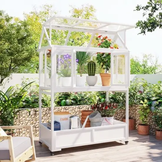 TiramisuBest Garden Wood Portable Cold Frame with Movable Wheels Mini Greenhouse with Openable Roof and Storage Box image {13}