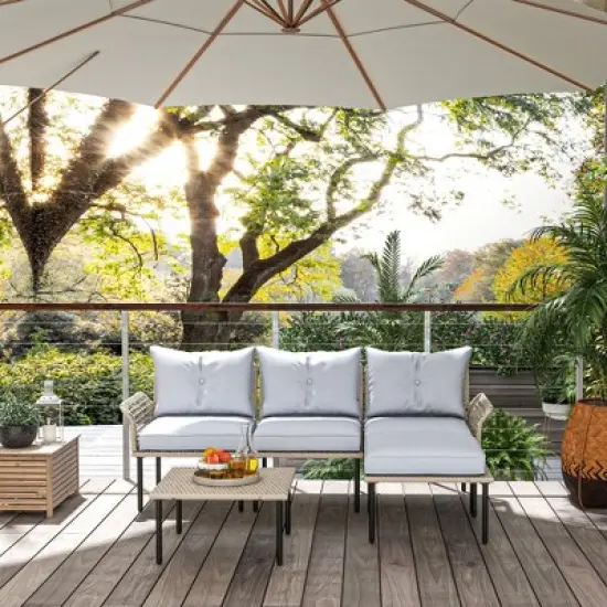 Outsunny 5 Pieces Patio Furniture Set with Cushions, Sofa, Chaise Lounge, Stool, Coffee Table image {5}