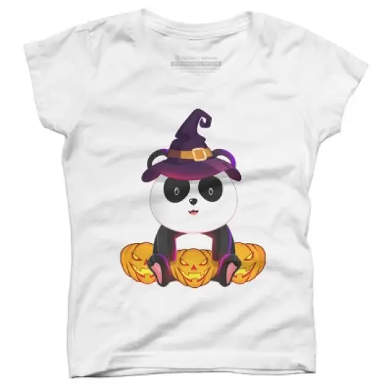 Girl's Design By Humans Cute Panda Mock up Witch With Jack O Lantern Halloween T-Shirt By thebeardstudio T-Shirt image {4}